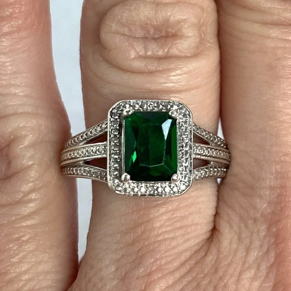 Sterling Silver 925 Rectangular Prong Set Green Emerald Glass Ring Sz 6.75 - Picture 4 of 16